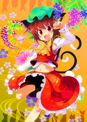 Rule 34 | 1girl, animal ears, bow, bowtie, brown hair, cat, cat ears, cat tail, chen, cherry blossoms, earrings, fang, female focus, gradient background, hat, highres, jewelry, midriff, multiple tails, navel, plant, red eyes, skirt, solo, sw (taco), tail, touhou