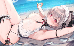 Rule 34 | 1girl, beach, bikini, breasts, cleavage, dripping, food, garter straps, grey hair, highres, large breasts, looking at viewer, lying, maid, maid bikini, maid headdress, melting, navel, on back, original, outdoors, ponytail, popsicle, red eyes, swimsuit, thick thighs, thigh strap, thighs, unconventional maid, wet, yukimiya yuge