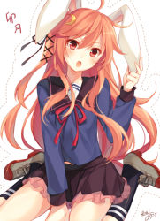 Rule 34 | 10s, 1girl, :o, ahoge, animal ears, character name, crescent, crescent hair ornament, dotted line, hair ornament, kantai collection, long hair, looking at viewer, one-hour drawing challenge, open mouth, personification, pleated skirt, rabbit ears, rabbit hair ornament, school uniform, signature, simple background, skirt, solo, toosaka asagi, uzuki (kancolle), white background