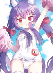 Rule 34 | 1girl, animal ear fluff, animal ears, arm up, armpits, breasts, cheerleader, cloud, fox ears, fox tail, gluteal fold, hair ornament, hairclip, highres, long hair, looking at viewer, milkice0901, name tag, old school swimsuit, one-piece swimsuit, open mouth, original, outdoors, pom pom (cheerleading), purple eyes, purple hair, ribbon, school swimsuit, sky, small breasts, solo, swimsuit, tail, thighhighs, thighs, twintails, very long hair, white one-piece swimsuit, white thighhighs