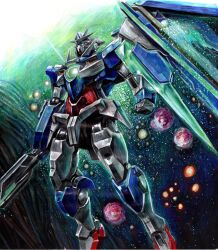 00_qan[t] 07nono06 absurdres bit_(gundam) commentary_request gn_drive green_eyes gundam gundam_00 gundam_00_a_wakening_of_the_trailblazer highres holding holding_sword holding_weapon mecha mobile_suit no_humans robot shield solo sword v-fin weapon