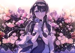 Rule 34 | 1girl, backlighting, black choker, black dress, black hair, black hairband, blush, choker, closed mouth, collarbone, commentary request, crystal, dress, flower, flower request, glint, gloves, hair between eyes, hairband, holding, holding flower, hu kotora, long hair, looking at viewer, mixed-language commentary, original, pink flower, pink rose, puffy short sleeves, puffy sleeves, purple eyes, purple flower, rose, shawl, short sleeves, smile, solo, sparkle, tulip, upper body, white gloves