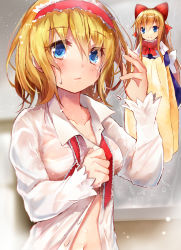 Rule 34 | 1girl, alice margatroid, blonde hair, blue eyes, blush, bow, closed mouth, collared shirt, efe, eyebrows, hair between eyes, hair bow, hairband, long sleeves, looking at viewer, navel, open clothes, red bow, see-through, shanghai doll, shirt, short hair, solo, touhou, towel, upper body, wet, wet clothes, wet hair, white shirt