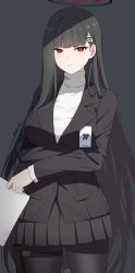 Rule 34 | 1girl, absurdres, black background, black hair, blazer, blue archive, blunt bangs, commentary request, hair ornament, hairclip, halo, highres, id card, jacket, long hair, looking at viewer, pleated skirt, pocket, red eyes, reia 76, rio (blue archive), school uniform, sidelocks, simple background, skirt, solo, turtleneck