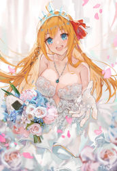 Rule 34 | 1girl, absurdres, artist name, bare shoulders, blue eyes, blush, bouquet, breasts, bride, cleavage, dress, elbow gloves, fang qiao, flower, frills, gloves, hair ornament, hair ribbon, highres, jewelry, large breasts, long hair, looking at viewer, open mouth, orange hair, outstretched arm, pecorine (princess connect!), petals, princess connect!, princess connect!, ribbon, smile, solo, tiara, wedding dress, white dress, white gloves