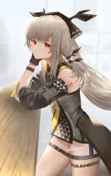 Rule 34 | 1girl, absurdres, arknights, arms on table, asymmetrical clothes, asymmetrical legwear, counter, cowboy shot, elbow gloves, garter straps, gloves, hair ornament, head on hand, head tilt, headband, highres, huge filesize, light, light blush, long hair, looking at viewer, see-through, silver hair, single garter strap, solo, standing, standing on one leg, thick thighs, thighs, uneven legwear, uzurako, weedy (arknights), white background
