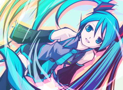 Rule 34 | 1girl, bare shoulders, blue eyes, blue hair, detached sleeves, dutch angle, haiiro (hi ghi ro), hatsune miku, long hair, matching hair/eyes, open mouth, smile, solo, thighhighs, twintails, very long hair, vocaloid