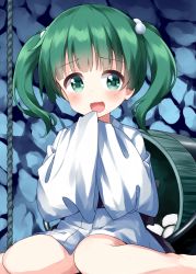 Rule 34 | 1girl, barefoot, blunt bangs, bucket, full body, green eyes, green hair, hair bobbles, hair ornament, highres, indoors, japanese clothes, kimono, kisume, long sleeves, looking at viewer, medium hair, open mouth, rope, ruu (tksymkw), sitting, sleeves past fingers, sleeves past wrists, smile, solo, stone wall, touhou, twintails, wall, white kimono, wide sleeves, wooden bucket, yokozuwari