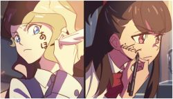 Rule 34 | 10s, 2girls, blonde hair, blue eyes, body switch, border, diana cavendish, english text, frown, hiragana, japanese text, kagari atsuko, kimi no na wa., little witch academia, long hair, milk puppy, multiple girls, necktie, personality switch, red eyes, scene reference, school uniform, split screen, translated, v-shaped eyebrows, white border