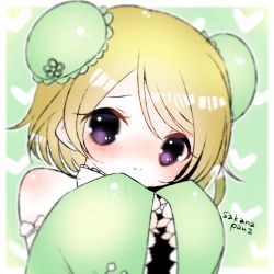Rule 34 | 1girl, artist name, artist request, bare shoulders, blush, breasts, brown hair, china dress, chinese clothes, close-up, double bun, dress, female focus, floral print, flower print, green background, green dress, hair between eyes, hair bun, heart, heart background, heart print, koizumi hanayo, long sleeves, looking at viewer, love live!, love live! school idol festival, love live! school idol project, parted lips, purple eyes, short hair, sleeves past fingers, sleeves past wrists, smile, solo, upper body