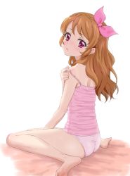 Rule 34 | 1girl, aikatsu!, aikatsu! (series), ass, bare arms, bare legs, bare shoulders, barefoot, blush, braid, brown hair, camisole, crown braid, hair ribbon, hand up, head tilt, highres, long hair, looking at viewer, looking back, ozora akari, panties, parted lips, pink camisole, pink panties, pink ribbon, purple eyes, ribbon, sincos, sitting, solo, strap slip, underwear, underwear only, wariza, white background