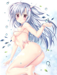 Rule 34 | 1girl, :o, air bubble, amazing grace -what color is your attribute?-, ass, bikini, blue hair, blush, bracelet, breasts, bubble, cabbage soft, commentary request, fish, hair between eyes, hair ornament, hairclip, highres, jewelry, korie riko, leaf, long hair, looking at viewer, medium breasts, open mouth, pink bikini, purple eyes, side-tie bikini bottom, solo, summer, swimsuit, wardrobe malfunction, yune (amazing grace)