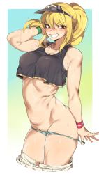 Rule 34 | 1girl, absurdres, arm behind head, bare shoulders, blonde hair, blush, breasts, character request, clothes pull, commentary request, dungeon and fighter, highres, long hair, looking at viewer, medium breasts, navel, panties, panty pull, parted lips, ponytail, pulling own clothes, red eyes, shiny skin, shorts, shorts pull, smile, solo, sweat, tank top, teeth, underwear, urec, visor cap, white panties, wristband