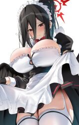Rule 34 | 1girl, alternate costume, apron, apron lift, black hair, blue archive, breasts, cleavage, closed mouth, clothes lift, enmaided, hair between eyes, halo, hasumi (blue archive), highres, lifted by self, long hair, looking down, maid, maid apron, nidaime (doronbo), red eyes, red halo, simple background, solo, thighhighs, white background, white thighhighs