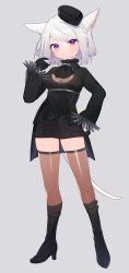 Rule 34 | 1girl, animal ears, warrior of light (ff14), black dress, black footwear, boots, braid, cat ears, cat tail, closed mouth, contrapposto, dress, final fantasy, final fantasy xiv, full body, funa (sakana), hand on own hip, hat, high heel boots, high heels, highres, holding, holding hair, knee boots, light frown, long sleeves, miqo&#039;te, nier:automata, nier (series), purple eyes, short dress, silver hair, simple background, tail, thighhighs, thighs, wide sleeves, zettai ryouiki