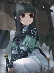 Rule 34 | 1girl, between legs, black hair, brown eyes, closed mouth, commentary request, dress, green jacket, hair bun, hand between legs, highres, holding, jacket, long hair, looking away, looking to the side, original, pantyhose, sheath, short sleeves, single hair bun, sitting, solo, torn clothes, torn pantyhose, white dress, white pantyhose, white ph