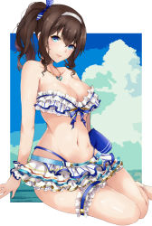 Rule 34 | 1girl, absurdres, bare shoulders, bikini, blue eyes, blue sky, blush, breasts, brown hair, cleavage, collarbone, day, frilled bikini, frills, hair between eyes, hairband, highres, idolmaster, idolmaster cinderella girls, idolmaster cinderella girls starlight stage, jewelry, large breasts, long hair, looking at viewer, microskirt, navel, necklace, parted lips, ryuu., sagisawa fumika, side ponytail, skirt, sky, smile, solo, swimsuit, thigh strap, thighs, white bikini