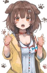 Rule 34 | 1girl, animal ears, blush, bone hair ornament, braid, breasts, brown hair, choker, claw pose, cleavage, commentary, cowboy shot, dog ears, dog girl, dress, hair between eyes, hair ornament, highres, hololive, inugami korone, inugami korone (1st costume), jacket, looking at viewer, medium breasts, medium hair, nail polish, nyucha, off shoulder, open clothes, open jacket, open mouth, orange eyes, paw print, paw print background, red choker, side braids, simple background, sleeveless, sleeveless dress, solo, twin braids, virtual youtuber, white background, white dress, wristband, yellow jacket, yellow nails