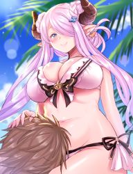 Rule 34 | 10s, 1boy, 1girl, bikini, blue eyes, blurry, blush, breasts, brown hair, butterfly earrings, cleavage, closed mouth, curvy, day, depth of field, double bun, draph, earrings, granblue fantasy, groin, hair over one eye, hand on another&#039;s head, highres, horns, huge breasts, jewelry, lap pillow, lens flare, light purple hair, long hair, looking at viewer, nanatsu (pixiv1467365), narmaya (granblue fantasy), narmaya (summer) (granblue fantasy), natsu (nattiyann), navel, outdoors, palm tree, pointy ears, purple hair, side-tie bikini bottom, sitting, sketch, smile, swimsuit, tree, white bikini