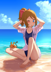 Rule 34 | 1girl, absurdres, barefoot, beach, blonde hair, blue eyes, blue one-piece swimsuit, blue sky, blush, bow, cloud, collared shirt, creatures (company), day, dedenne, dress shirt, full body, game freak, gen 6 pokemon, hair bow, high ponytail, highres, long hair, mouth hold, nintendo, ocean, one-piece swimsuit, one eye closed, open clothes, open shirt, outdoors, pink bow, pokemon, pokemon (anime), pokemon (creature), pokemon xy (anime), school swimsuit, serena (pokemon), shirt, sky, swimsuit, tied shirt, tying hair, wet, wet clothes, wet shirt, white shirt, wing collar, yamajun (junyamaekaki)