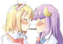 Rule 34 | 2girls, alice margatroid, arnest, blonde hair, closed eyes, crescent, crescent hair ornament, female focus, food, hair ornament, hairband, long hair, multiple girls, patchouli knowledge, pocky, pocky kiss, portrait, purple hair, shared food, short hair, sketch, touhou