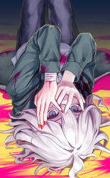 Rule 34 | 1boy, black pants, blood, blouse, commentary request, danganronpa (series), danganronpa 2: goodbye despair, deadnooodles, green jacket, grey eyes, grey hair, hair between eyes, hands on own face, highres, hood, hooded jacket, jacket, knees up, komaeda nagito, long sleeves, looking at viewer, lying, male focus, medium hair, messy hair, nail polish, on back, open clothes, open jacket, pants, pink blood, red nails, shirt, solo, white shirt, yellow background