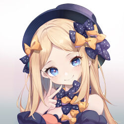Rule 34 | 1girl, abigail williams (fate), absurdres, bare shoulders, black bow, black dress, black headwear, blonde hair, blue eyes, blush, bow, close-up, dress, fate/grand order, fate (series), gradient background, hair bow, highres, long hair, looking at viewer, mantouovo, multiple hair bows, off shoulder, orange bow, polka dot, polka dot bow, smile, solo, v