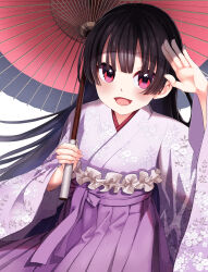 Rule 34 | 1girl, :d, absurdres, alternate costume, black hair, blunt bangs, blush, commentary request, cowboy shot, fingernails, floating hair, floral print, hachiroku (maitetsu), hakama, hakama skirt, hand up, happy, highres, holding, holding umbrella, japanese clothes, kimono, long hair, looking at viewer, maitetsu, new year, oil-paper umbrella, open mouth, pink eyes, print kimono, purple hakama, purple kimono, ririi (ai-my talikng), salute, simple background, skirt, smile, solo, straight hair, umbrella, under umbrella, very long hair, white background