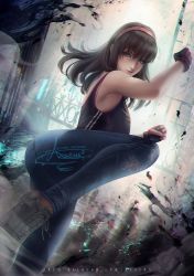 Rule 34 | 1girl, axsen, breasts, brown hair, dead or alive, denim, female focus, fighting stance, full body, gloves, hitomi (doa), jeans, pants, solo, tank top, tecmo, watermark