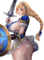 Rule 34 | 1girl, ahoge, armor, armored dress, ass, blonde hair, blue eyes, blue ribbon, braid, breasts, butt crack, commentary request, cross-laced clothes, dress, from side, hair ornament, highres, holding, holding sword, holding weapon, kurone rinka, large breasts, long hair, namco, panties, parted lips, ribbon, shield, sideboob, single braid, skirt, solo, sophitia alexandra, soul calibur, standing, sword, thighs, underwear, vambraces, weapon, white dress, white panties