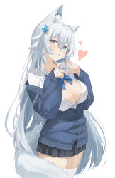 Rule 34 | 1girl, absurdres, animal ear fluff, animal ears, black skirt, blue eyes, blue jacket, breasts, buttons, cleavage, cowboy shot, dress shirt, fox ears, fox tail, hair ornament, heart, heart hands, highres, jacket, large breasts, long hair, long sleeves, looking at viewer, midori xu, miniskirt, off shoulder, open clothes, open jacket, open mouth, original, partially unbuttoned, pleated skirt, shirt, simple background, skirt, solo, standing, tail, thighhighs, thighs, very long hair, white background, white hair, white shirt, white thighhighs, zettai ryouiki