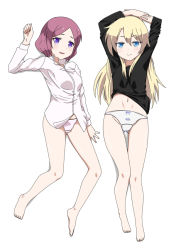 Rule 34 | 10s, 2girls, barefoot, blonde hair, blue eyes, bow, bow panties, breasts, commentary request, crotch seam, dress shirt, gluteal fold, long hair, looking at viewer, multiple girls, navel, new game!, no pants, panties, purple eyes, purple hair, shirt, short hair, simple background, sketch, small breasts, tooyama rin, underwear, white background, white panties, yagami kou, yoshida keiji