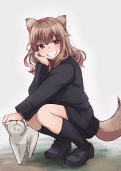 Rule 34 | 1girl, animal ears, black footwear, black socks, breasts, brown eyes, brown hair, cat, dog ears, dog tail, fernandia malvezzi, full body, highres, hora liar, jacket, liar lawyer, medium hair, military, military jacket, military uniform, open mouth, petting, smile, socks, solo, squatting, strike witches, strike witches: kurenai no majo-tachi, tail, uniform, world witches series