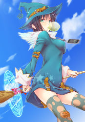 Rule 34 | 1girl, apple inc., aqua eyes, belt, black hair, breasts, broom, blowing bubbles, cellphone, chewing gum, cloud, day, flying, hat, highres, impossible clothes, iphone, jewelry, kanata (kanata onion), magic circle, medium breasts, necklace, original, patterned legwear, phone, polka dot, polka dot legwear, print thighhighs, sky, smartphone, solo, star (symbol), star print, thighhighs, witch, witch hat, zettai ryouiki