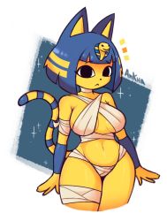 Rule 34 | 1girl, animal crossing, animal ears, ankha (animal crossing), bandages, bent over, breasts, cat ears, cat girl, curvy, large breasts, looking at viewer, navel, nintendo, shiny skin, standing, tail, venkydraws, wide hips