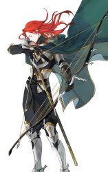 Rule 34 | 1boy, archery, armor, arrow (projectile), bow (weapon), cape, closed eyes, drawing bow, failnaught (fate), fate/grand order, fate (series), greaves, harp, highres, holding, holding arrow, holding bow (weapon), holding weapon, instrument, long hair, male focus, mimulishizi, red hair, shoulder armor, simple background, solo, tristan (fate), weapon, white background