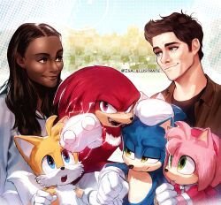 Rule 34 | 2girls, 4boys, amy rose, arm hug, blue eyes, brown hair, dark-skinned female, dark skin, furry, furry female, furry male, gloves, green eyes, hand on another&#039;s head, highres, image sample, isa-415810, knuckles the echidna, maddie wachowski, multiple boys, multiple girls, open mouth, sonic (live action), sonic (series), sonic the hedgehog, sonic the hedgehog (film), sonic the hedgehog 2 (film), tails (sonic), tom wachowski, twitter sample, twitter username, white gloves