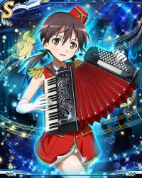 Rule 34 | 1girl, accordion, band uniform, beamed quavers, brown eyes, brown hair, elbow gloves, epaulettes, gertrud barkhorn, gloves, hat, instrument, long hair, low twintails, marching band, musical note, quaver, smile, solo, staff (music), strike witches, twintails, uniform, world witches series