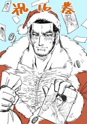 Rule 34 | 1boy, alternate pectoral size, beard, black hair, buzz cut, chest hair, christmas, crying, crying with eyes open, drawing (object), facial hair, fur-trimmed jacket, fur trim, gift bag, golden kamuy, hairy, hat, holding, holding drawing, holding photo, jacket, koito otonoshin, kokorozashi, large pectorals, long sideburns, male focus, manly, mature male, meme, muscular, muscular male, open clothes, open jacket, parody, pectoral cleavage, pectorals, photo (object), red jacket, runny nose, santa hat, short hair, sideburns, snot, solo, spot color, stubble, tanigaki genjirou, tears, thick eyebrows, translation request, upper body, very short hair