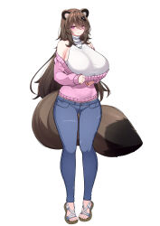 Rule 34 | 1girl, 5danny1206, absurdres, animal ears, arm under breasts, bear ears, blue pants, breasts, brown hair, closed eyes, covered collarbone, denim, full body, hair between eyes, hair ornament, hairclip, highres, huge breasts, jeans, jewelry, long hair, necklace, off-shoulder sweater, off shoulder, original, pants, pink eyes, pink sweater, ribbed sweater, ring, sandals, shirt, sleeveless, sleeveless shirt, solo, sweater, tail, taut clothes, taut shirt, turtleneck, turtleneck shirt, white shirt