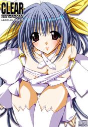 Rule 34 | 1girl, album cover, alternate color, arc system works, blue hair, blush, breasts, choker, cleavage, cover, dizzy (guilty gear), fantasy wind, guilty gear, hair ribbon, large breasts, leaning forward, long hair, lowres, purple eyes, ribbon, shinano yura, solo, thighhighs, very long hair