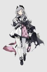 Rule 34 | 1girl, absurdres, arknights, black footwear, black gloves, black jacket, capelet, commentary request, full body, gloves, grey background, grey eyes, grey hair, hand up, head tilt, highres, holding, holding lantern, irene (arknights), jacket, lantern, long hair, long sleeves, looking at viewer, mio1914, pantyhose, parted lips, pleated skirt, puffy long sleeves, puffy sleeves, shoes, simple background, skirt, solo, standing, very long hair, white capelet, white pantyhose, white skirt