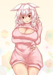 Rule 34 | 1girl, alternate costume, alternate hairstyle, animal ears, bottomless, breast hold, breasts, cleavage, cleavage cutout, clothing cutout, curvy, female focus, highres, huge breasts, inubashiri momiji, ketama (mokoneko), large breasts, looking at viewer, meme attire, open-chest sweater, open mouth, red eyes, short hair, silver hair, sironyan-kuronyan, smile, solo, sweater, thigh gap, touhou, wide hips, wolf ears
