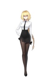 Rule 34 | 1girl, black footwear, black gloves, black skirt, blonde hair, braid, braided ponytail, closed mouth, collared shirt, fate/empire of dirt, fate (series), floating hair, formal, full body, game cg, gloves, hair between eyes, hand on own hip, high heels, highres, jeanne d&#039;arc (fate), jeanne d&#039;arc (ruler) (fate), long hair, looking at viewer, miniskirt, pantyhose, pencil skirt, pumps, purple eyes, shirt, side slit, skirt, skirt suit, smile, solo, standing, suit, tachi-e, thigh gap, transparent background, tsuki tokage, very long hair, white shirt, wing collar