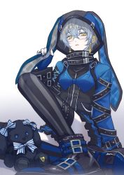 Rule 34 | 1boy, animal hood, black nails, black thighhighs, blue gloves, blue hair, chinese commentary, commentary, commentary request, crossdressing, english commentary, fingerless gloves, gloves, gradient background, grey background, high collar, highres, hood, hood up, ike eveland, long sleeves, looking at viewer, male focus, miniskirt, mixed-language commentary, nail polish, nijisanji, nijisanji en, pleated skirt, rabbit hood, short hair, sitting, skirt, solo, stuffed animal, stuffed toy, thighhighs, virtual youtuber, white background, yee (yee45913139), yellow eyes, zettai ryouiki