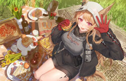 Rule 34 | 1girl, absurdres, animal ears, arknights, black jacket, black skirt, blanket, blush, book, bottle, breasts, burger, ceobe (arknights), ceobe (unfettered) (arknights), commentary, dog ears, dog girl, ears through headwear, flower, food, fruit, glass, gloves, grass, grey shirt, highres, holding, holding food, hongbaise raw, jacket, large breasts, light brown hair, long hair, looking at viewer, looking up, material growth, open clothes, open jacket, open mouth, oripathy lesion (arknights), outdoors, picnic, pink eyes, pizza, plate, red flower, red gloves, sandwich, shirt, sidelocks, sitting, skirt, smile, solo, strawberry, tomato, tulip, wariza, wine bottle