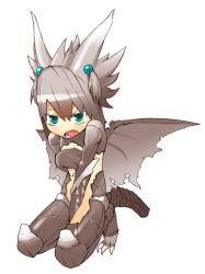 Rule 34 | 1girl, angry, aqua eyes, blush, bottomless, capcom, covering privates, covering breasts, covering crotch, dragon girl, dragon wings, embarrassed, fang, female focus, flat chest, full body, grey hair, hair bobbles, hair ornament, horns, kushala daora, monster girl, monster hunter (series), nanashin, no bra, no panties, personification, petite, scales, short hair, simple background, solo, squatting, tail, tears, topless, white background, wings
