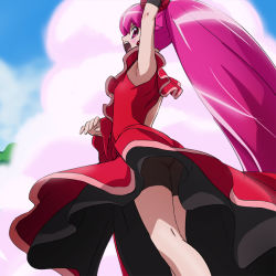 Rule 34 | 10s, 1girl, aino megumi, alternate form, arm up, armpits, ass, cure lovely, cure lovely (cherry flamenco), happinesscharge precure!, haruyama kazunori, long hair, magical girl, no panties, open mouth, pink eyes, pink hair, ponytail, precure, smoke, solo, wide ponytail