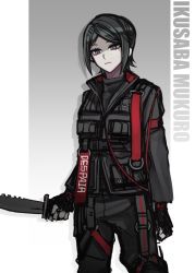 Rule 34 | 1girl, alternate costume, black gloves, black hair, black jacket, black pants, character name, closed mouth, commentary request, cowboy shot, danganronpa: trigger happy havoc, danganronpa (series), fingerless gloves, gloves, grey background, holding, holding knife, holding weapon, ikusaba mukuro, jacket, knife, long sleeves, looking at viewer, pale skin, pants, raonal97, serious, shaded face, short hair, sketch, solo, standing, sword, weapon, white background
