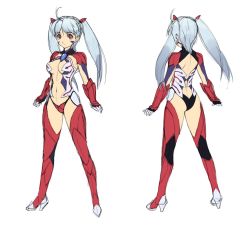 Rule 34 | 1girl, ass, blue hair, bodysuit, breasts, bridal gauntlets, butt crack, character sheet, cleavage, full body, hair ornament, leotard, long hair, multiple views, navel, original, red eyes, simple background, standing, thighhighs, turnaround, twintails, uchiu kazuma, white background